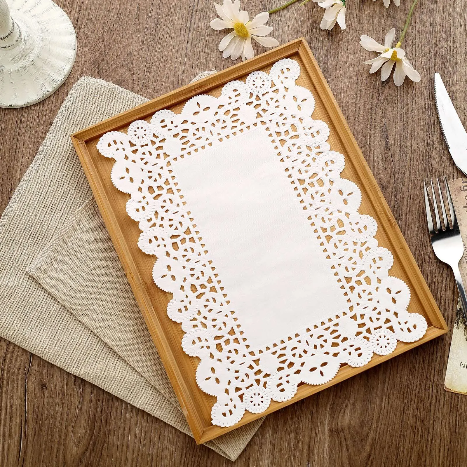 100 Pcs 7"x10" Rectangle White Lace Paper Doilies, Food Grade Paper Placemats