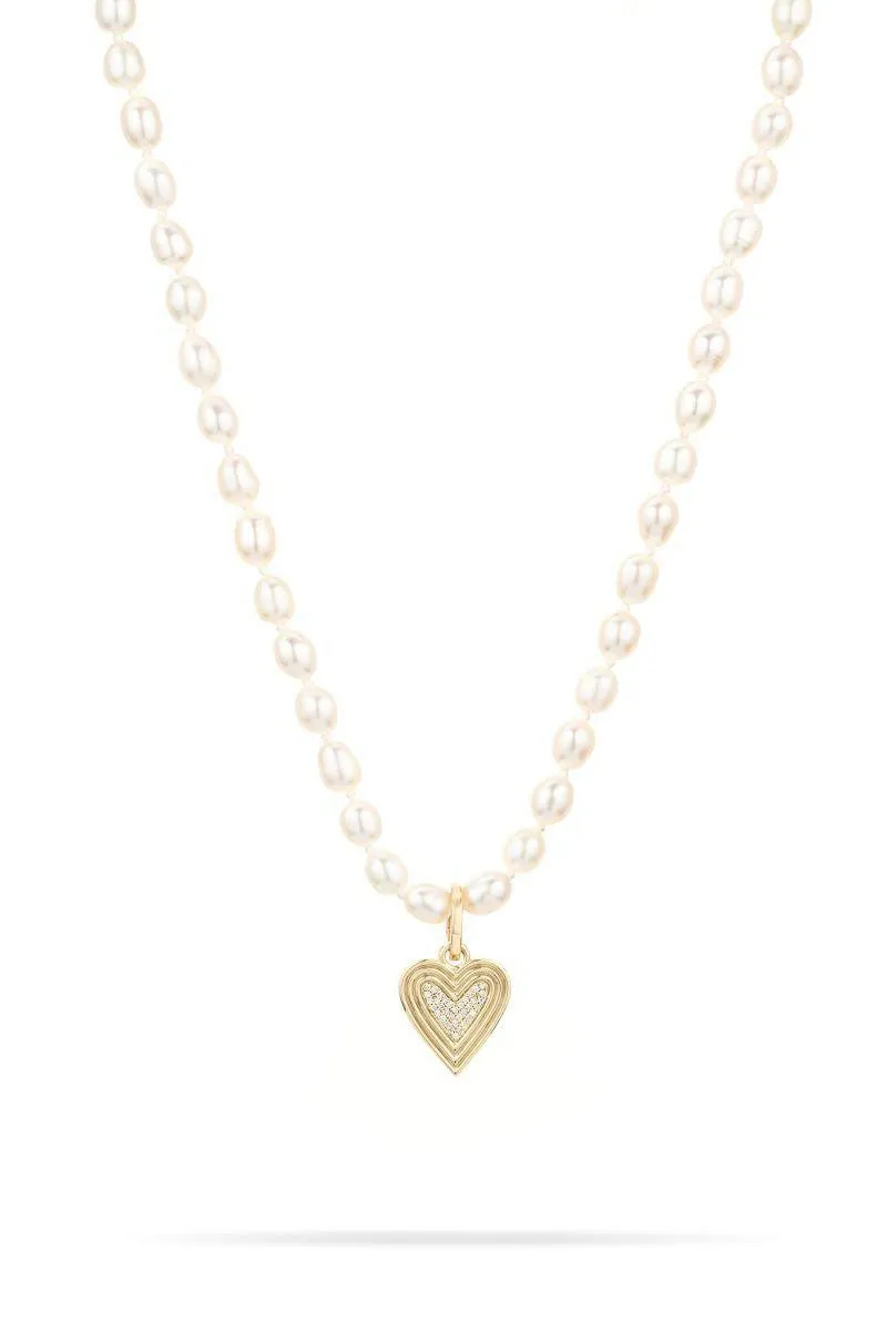 Adina Reyter - Chunky Seed Pearl Necklace With Pave Heart