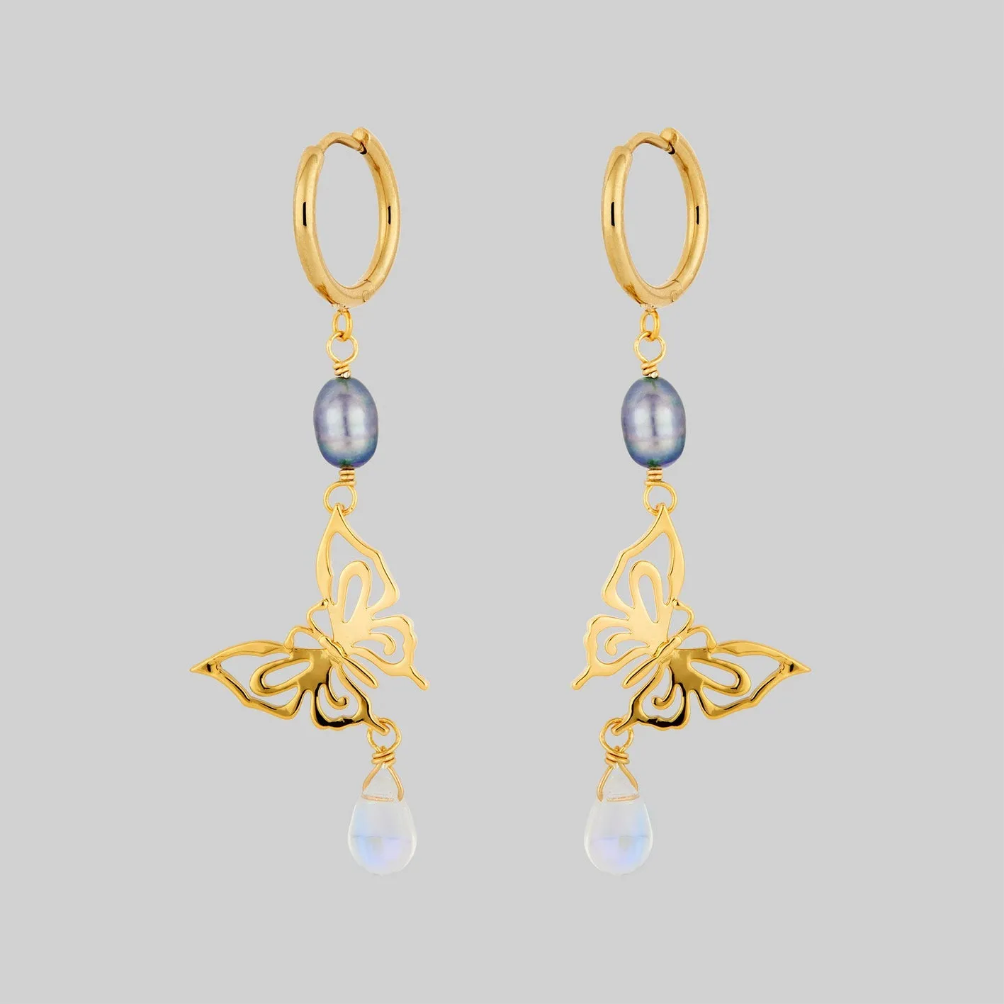 ANTHEIA. Iridescent Butterfly Droplet Hoop Earrings - Gold