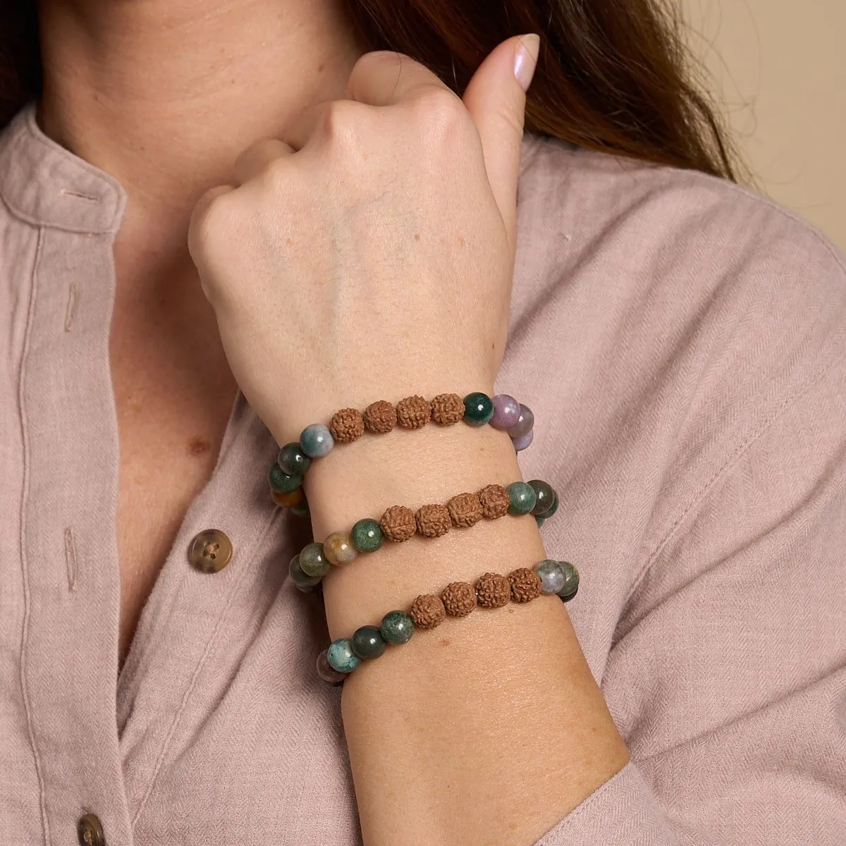 Arya | India Agate x Rudraksha |  Mala Bracelet