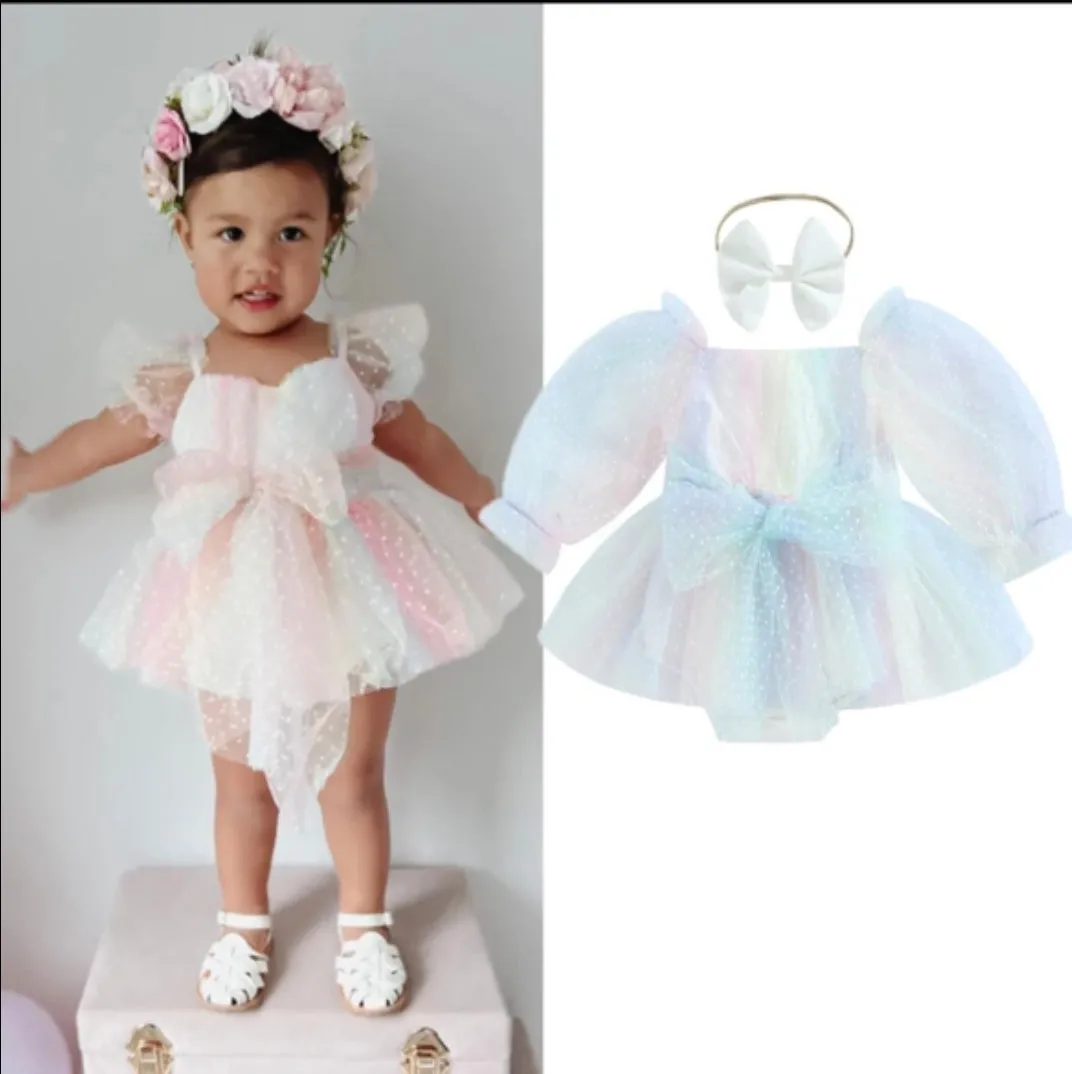 Baby Girls Dotted Rainbow Organza Tulle Birthday Romper