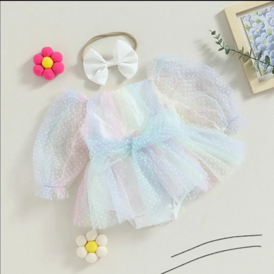 Baby Girls Dotted Rainbow Organza Tulle Birthday Romper