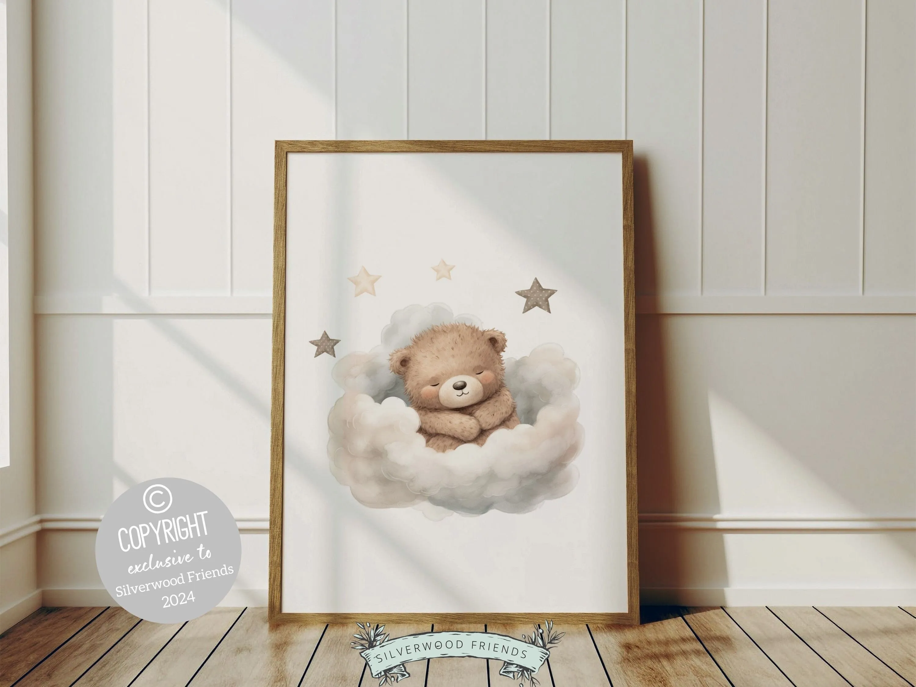 Beige Teddy Bear Star Nursery Prints