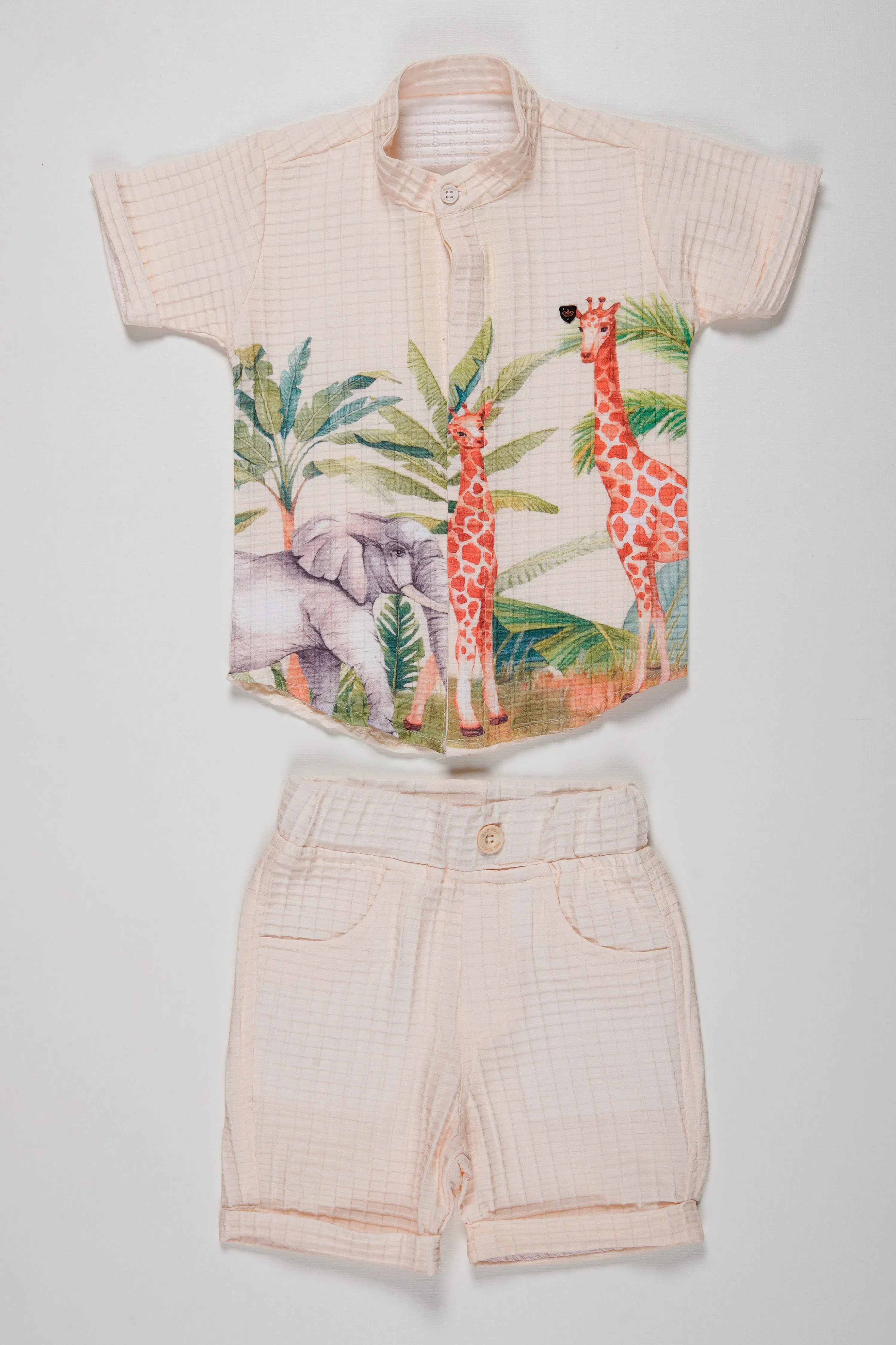 Boys Tropical Giraffe Print Shirt and Striped Shorts Ensemble