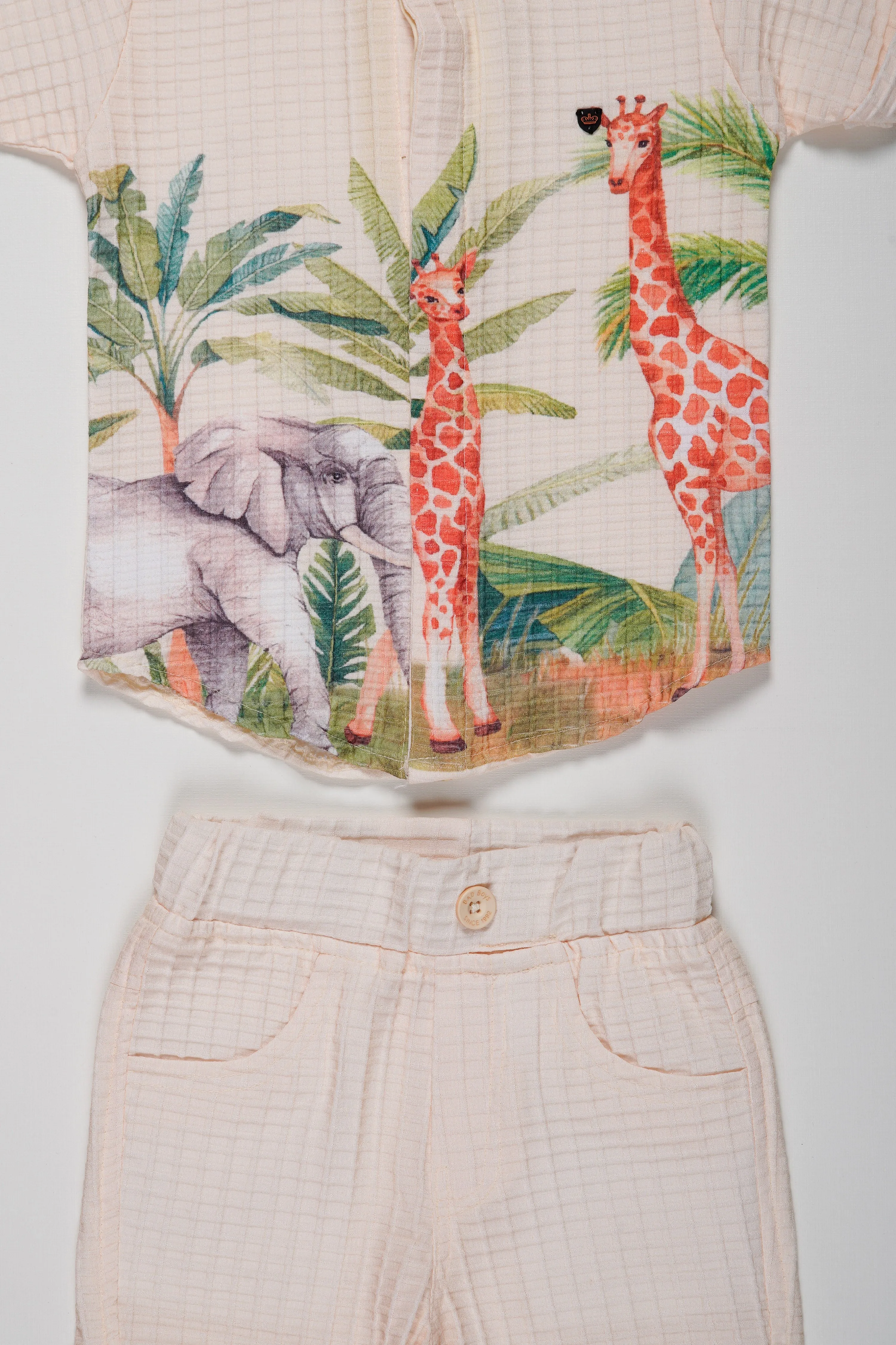 Boys Tropical Giraffe Print Shirt and Striped Shorts Ensemble