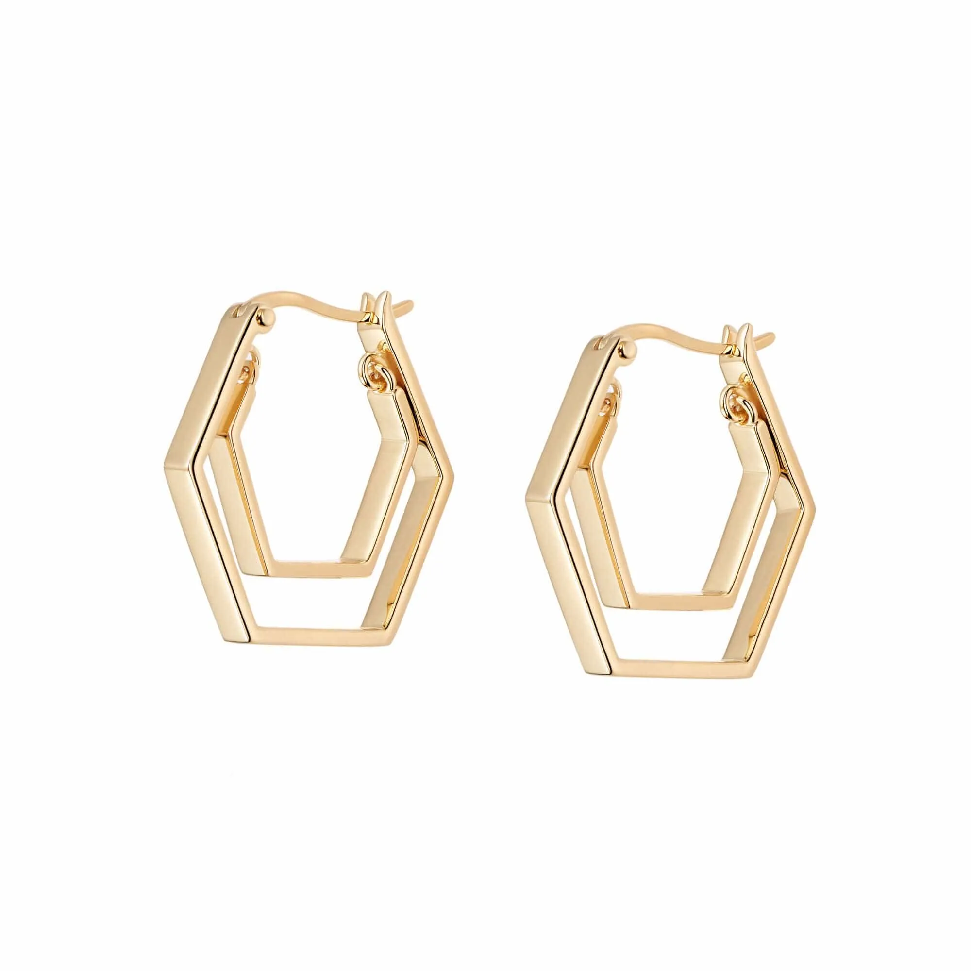 Double Hexagon Hoop Earrings 18ct Gold Plate