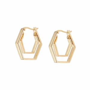 Double Hexagon Hoop Earrings 18ct Gold Plate