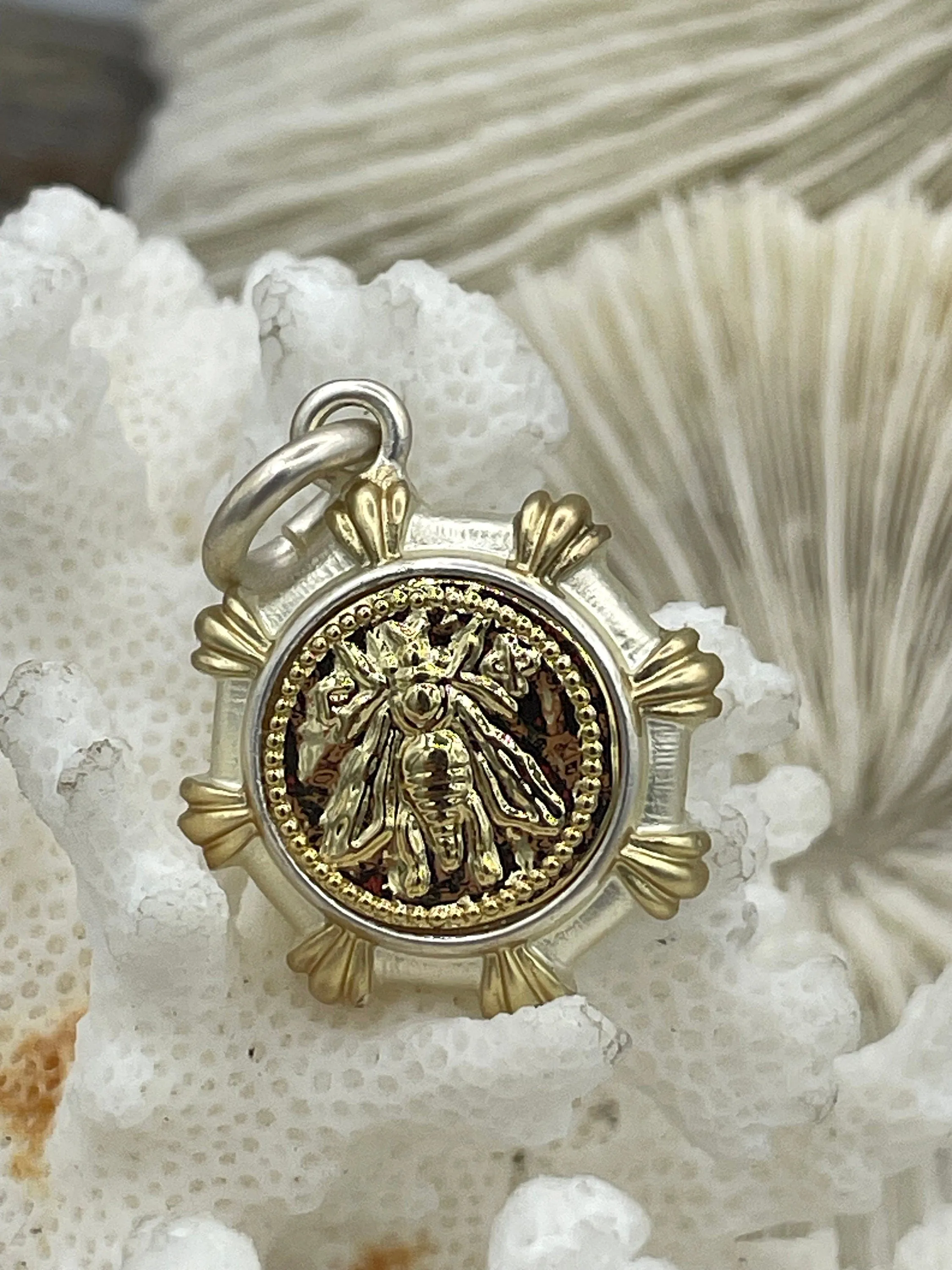 French Bee Replica Coin, Gold Bee Coin, Two Tone Bezel, Reproduction Bee Coin, Gold Coin pendant, Petite Coin, 2 bezel styles Fast Ship