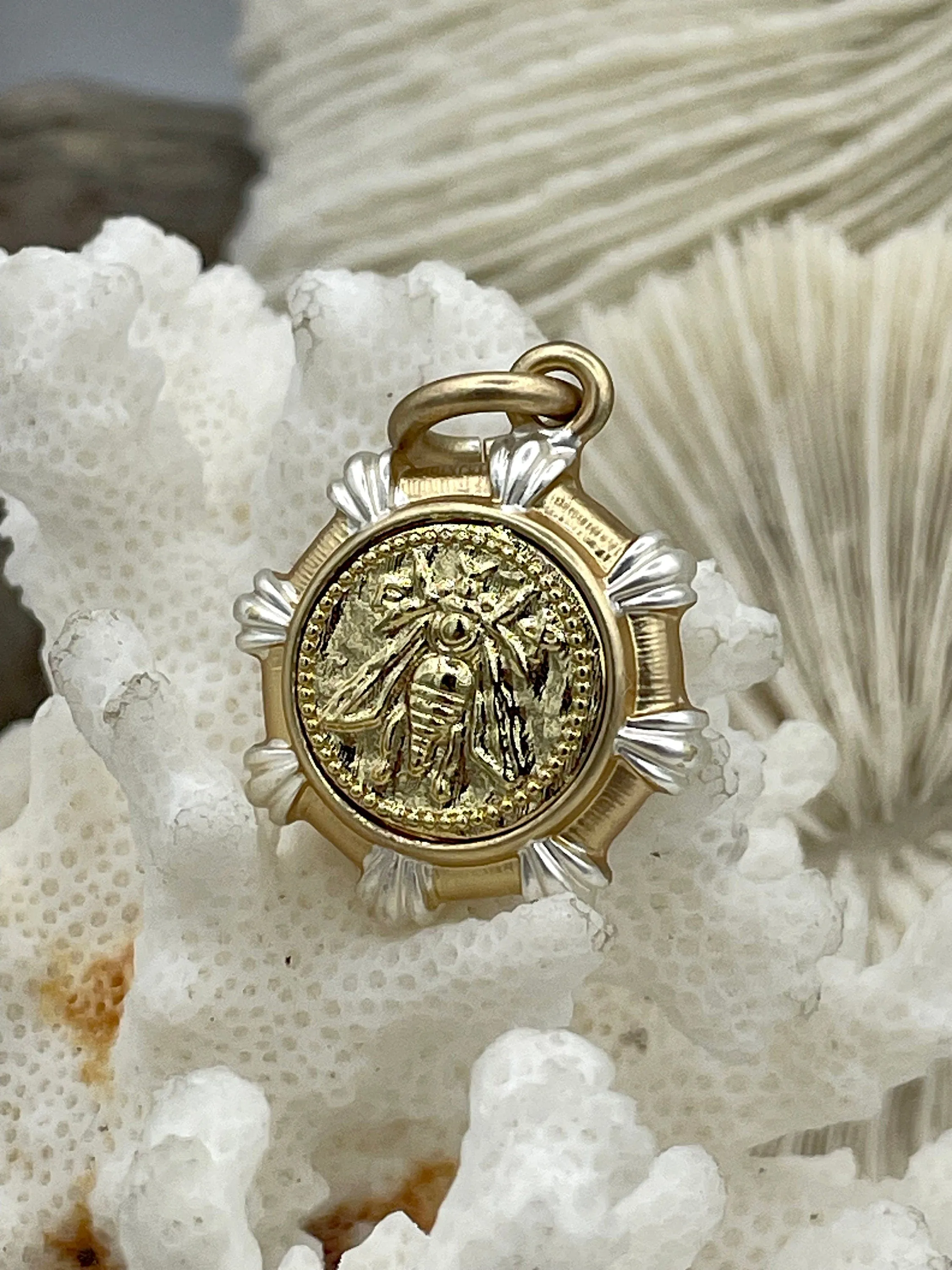 French Bee Replica Coin, Gold Bee Coin, Two Tone Bezel, Reproduction Bee Coin, Gold Coin pendant, Petite Coin, 2 bezel styles Fast Ship