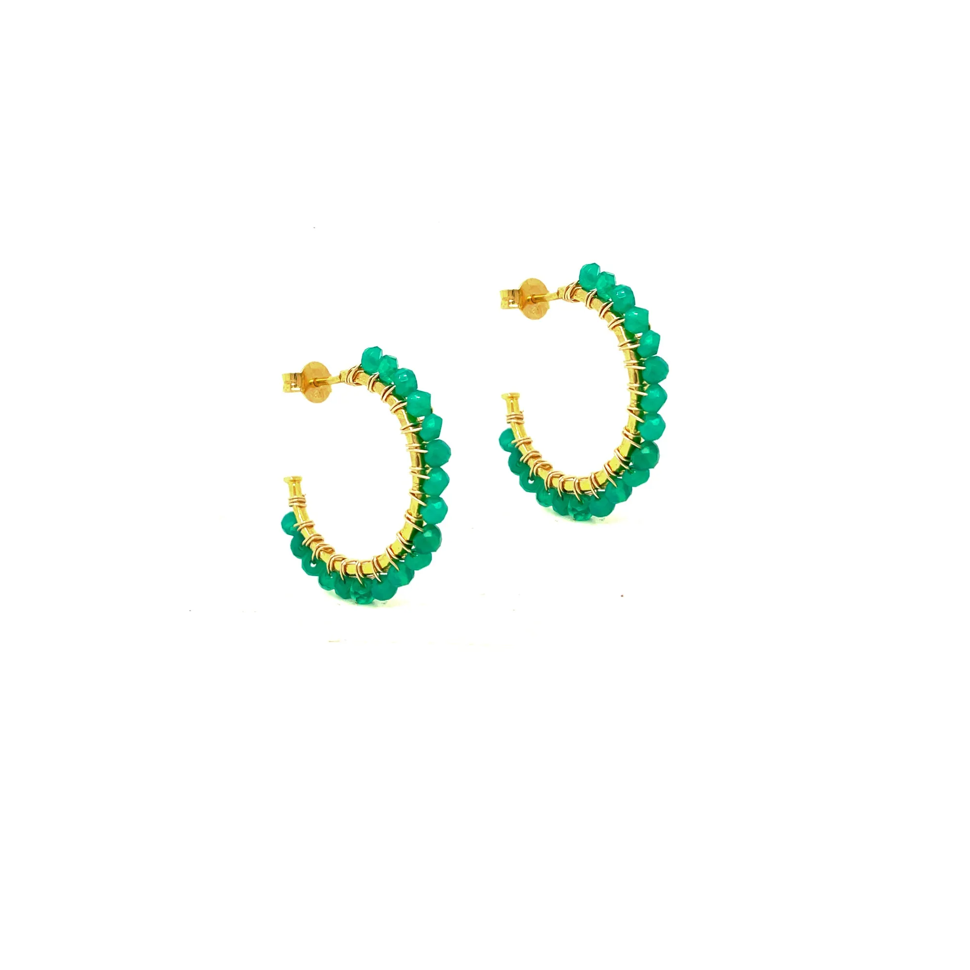 Green Agate Hammered Hoop Earrings