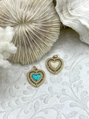 Heart Shaped Glitter Enamel and Gold CZ Pendants, Glitter Enamel and Gold Plated Brass, Cubic Zirconia, 2 Colors, 19mm Charms. Fast Ship.