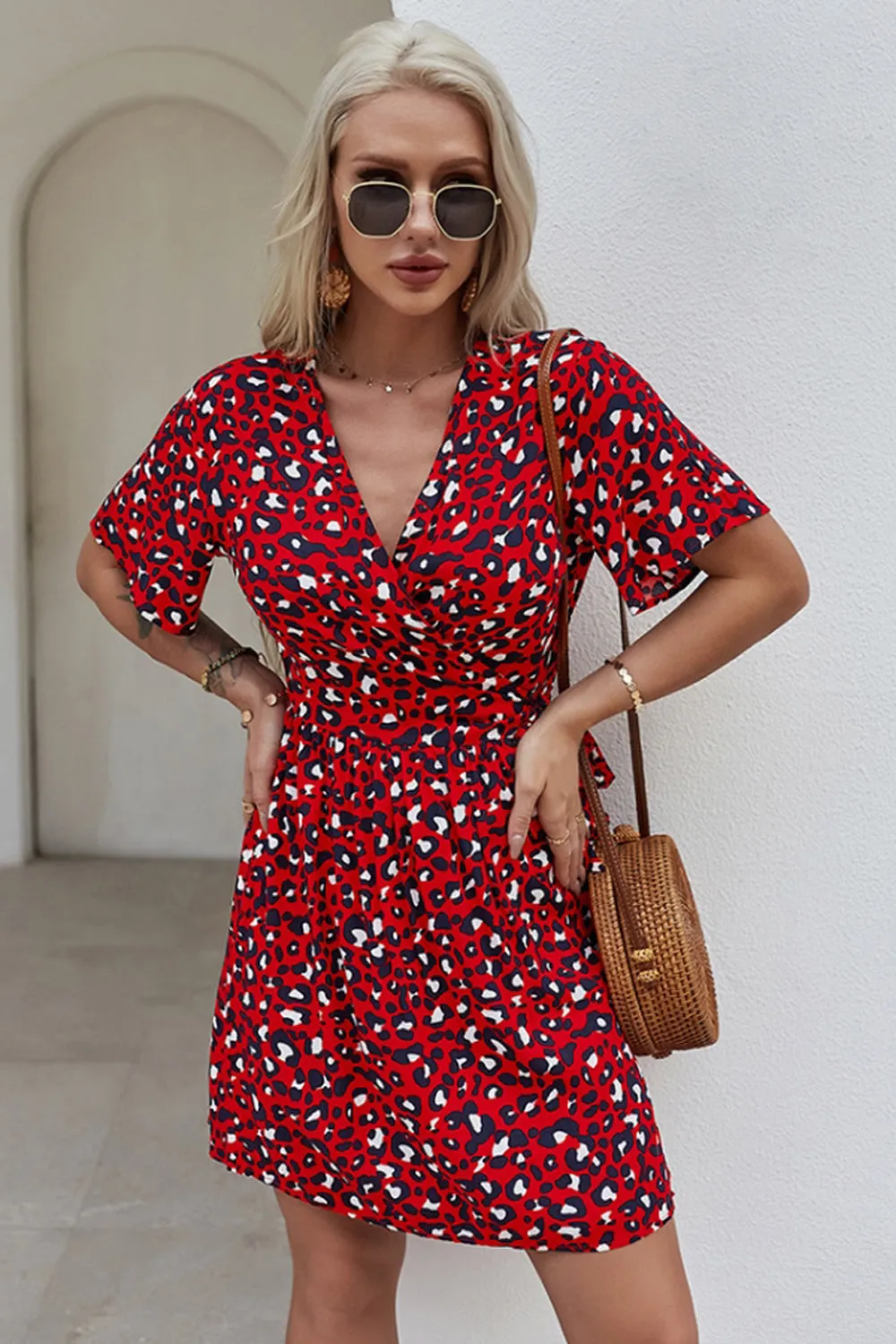 Leopard Print Wrap Chest Short Dress