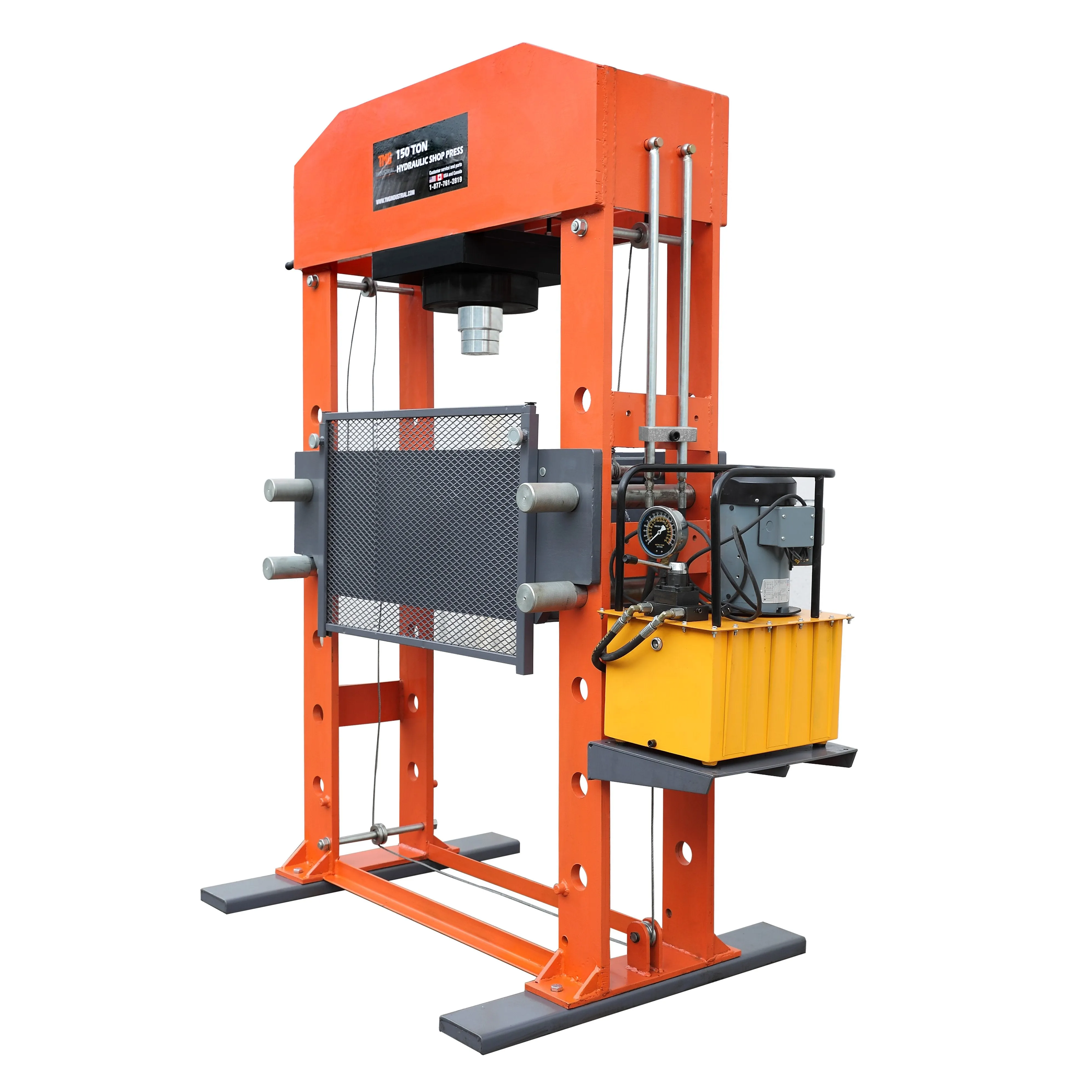 TMG Industrial 150 Ton Capacity Hydraulic Shop Press, Heavy Duty Pressing, Protective Grid Guard, Fully Welded H-Frame, Air & Manual Dual Operation, TMG-SP150