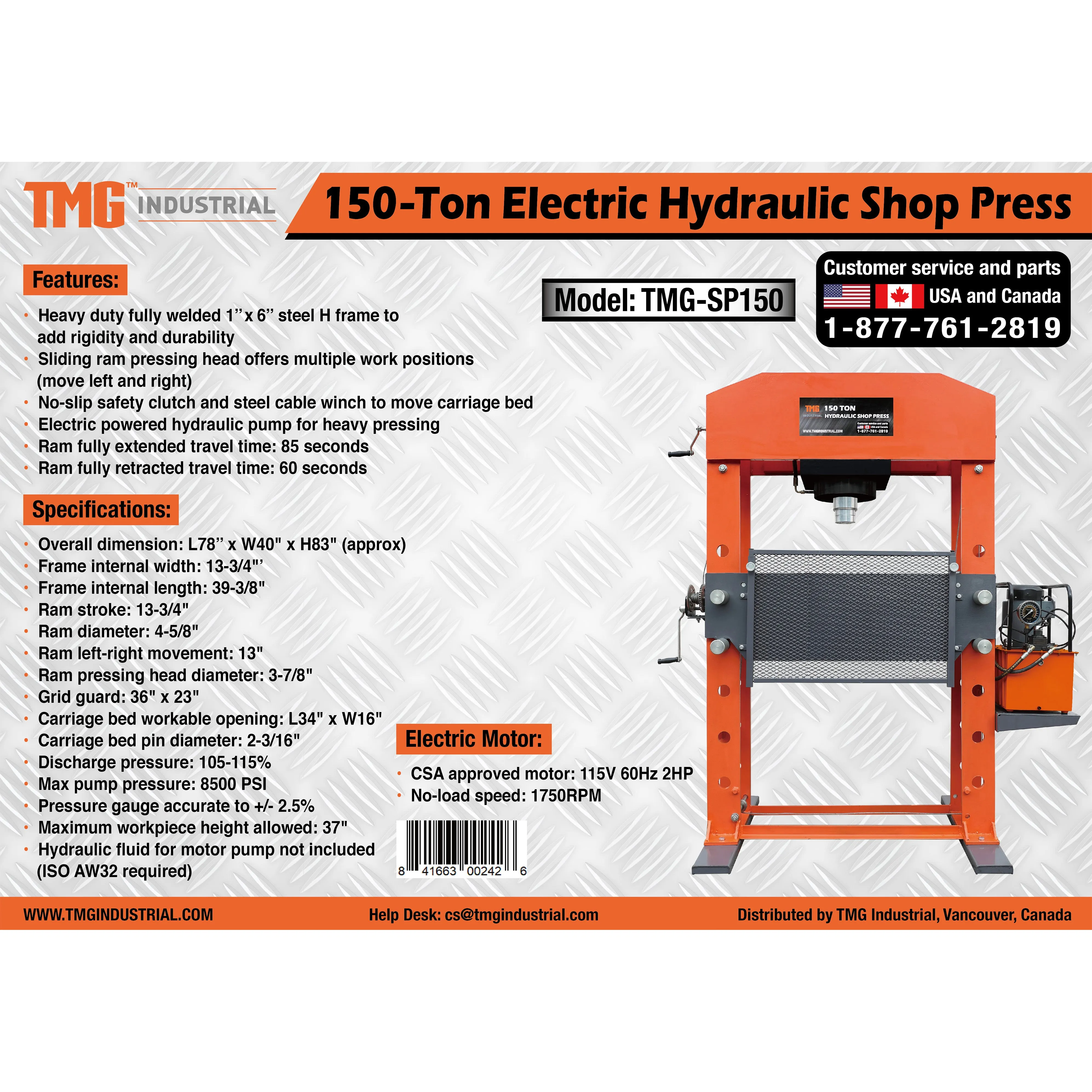 TMG Industrial 150 Ton Capacity Hydraulic Shop Press, Heavy Duty Pressing, Protective Grid Guard, Fully Welded H-Frame, Air & Manual Dual Operation, TMG-SP150