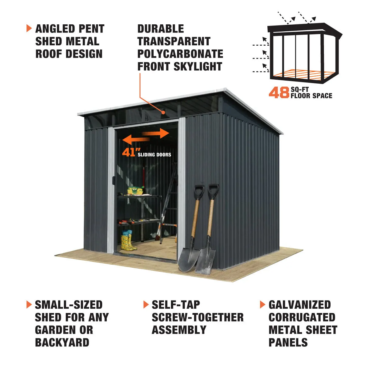 TMG Industrial 6’ x 8’ Galvanized Metal Pent Shed w/Skylight, 29 GA Corrugated Metal, 80” Peak Ceiling, TMG-MS0608P