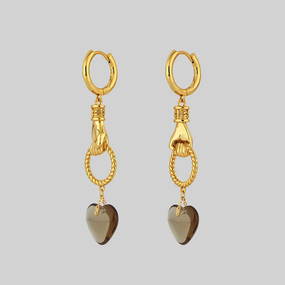 UNITE. Hand Grasping Smoke-Black Glass Heart Earrings - Gold